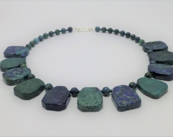 Necklace Azurite malachite freeform blue green, statement necklace, gemstone necklace, gift for her