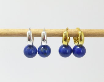 Earrings folding creoles lapis lazuli ball 10 mm silver 925 gold