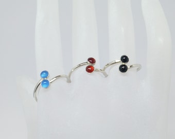 Open ring 2 cabochons 4 mm onyx carnelian agate blue silver 925