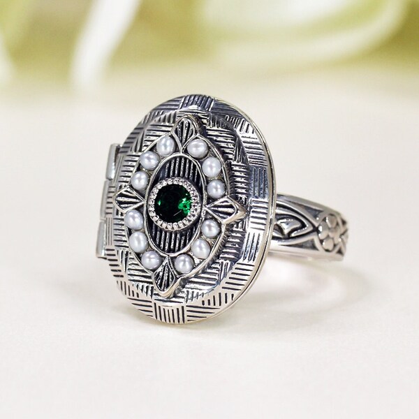 Anillo con medallón de perlas y esmeralda, banda de plata de ley, estilo vintage, gemas simuladas