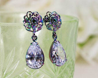 Cubic Zirconia Earrings With Rainbow Plated Filigree, Teardrop Shaped Stones, Vintage Style Sterling Silver Antique Reproduction