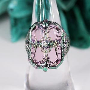 Rainbow Camphor Glass Ring with CZ Accent Stone and Art Deco Style Filigree, Pink Camphor Glass