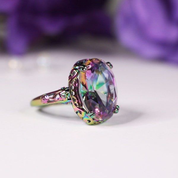 Rainbow Plated Filigree Ring With Oval Cut Simulated Mystic Topaz, Antique Art Nouveau Style, Flower Details