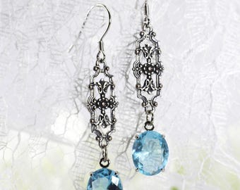 Aquamarine Earrings: Sterling Silver Filigree, Art Nouveau Style, Simulated Gems