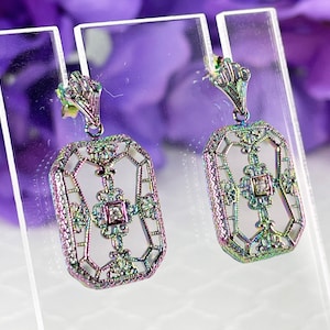 Rainbow Filigree Earrings with White Frosted Camphor Glass and CZ Accent, Antique Style, Antique Reproduction