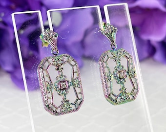 Rainbow Filigree Earrings with White Frosted Camphor Glass and CZ Accent, Antique Style, Antique Reproduction