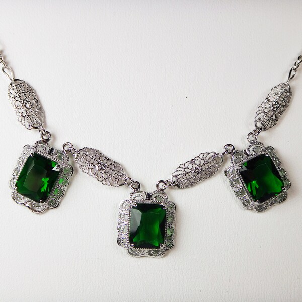 Emerald Necklace, Silver Tone Filigree, Antique Style with Simulated Rectangle Cut Gems (made to order)