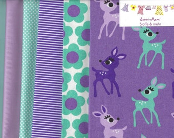 10,42 EUR/qm Patchworkpaket Rehe Blümchen retro lila mint Stoffpaket Baumwollstoff