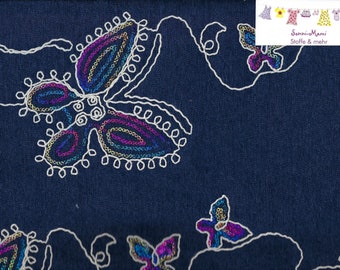14,29 EUR/qm Bekleidungsstoff Jeans Stretch dunkelblau mit Schmetterlingen und Pailetten