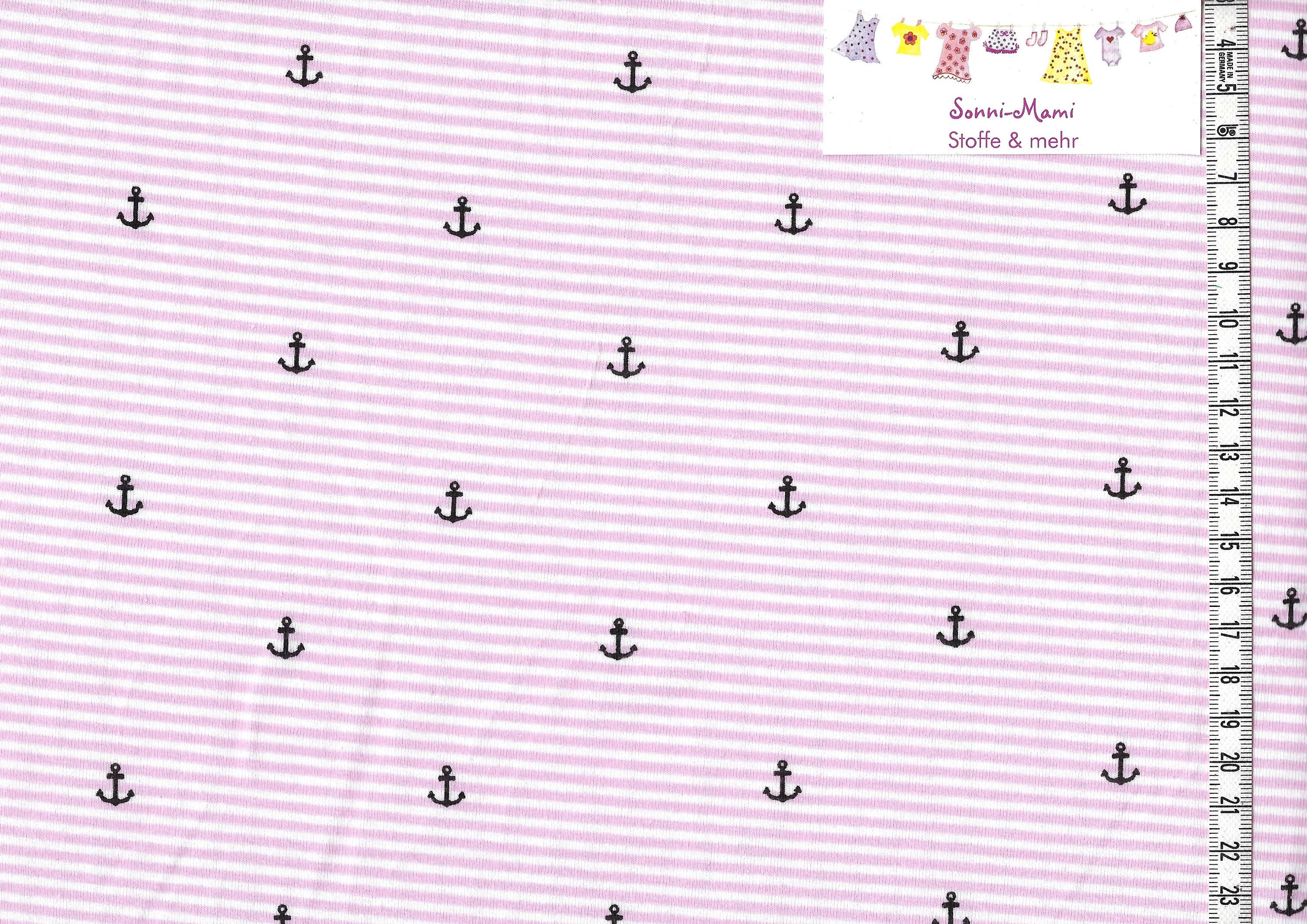 10,67 EUR/qm Jersey Kinderstoff rosa weiß gestreift Anker maritim