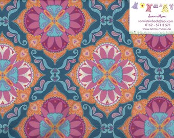 May include: Teal fabric with a repeating pattern of pink, orange, and blue floral designs. The fabric has a paisley-like pattern.