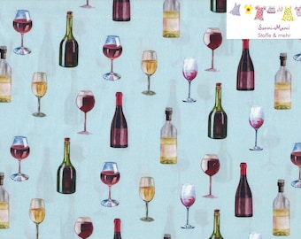 10,67 EUR/qm Baumwollstoff Meterware Wein Weinflasche Rotwein Weißwein Weinglas auf hellblau