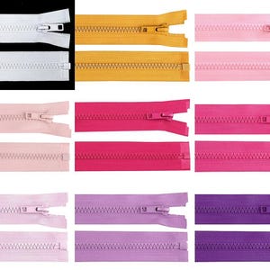 Könnte beinhalten: Sortiment von 10 Reißverschlüssen in verschiedenen Farben, darunter Weiß, Gelb, Rosa, Rot, Lila und Hellrosa. Jeder Reißverschluss ist offen und geschlossen dargestellt.