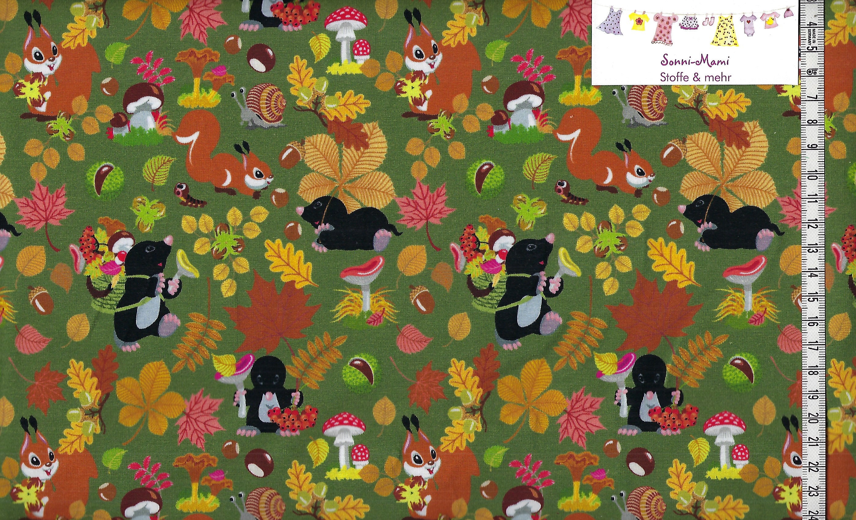 10,67 EUR/qm Jersey Maulwurf und Eichhörnchen Laub Fliegenpilz grün