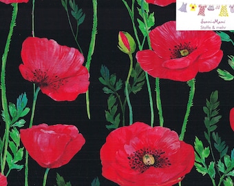 7,60 EUR/qm Baumwollstoff rote Mohnblumen Mohn Klatschmohn auf schwarz