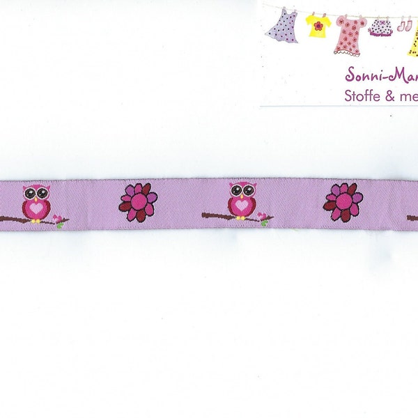 1 Meter Webband Eule mit Blumen rosa