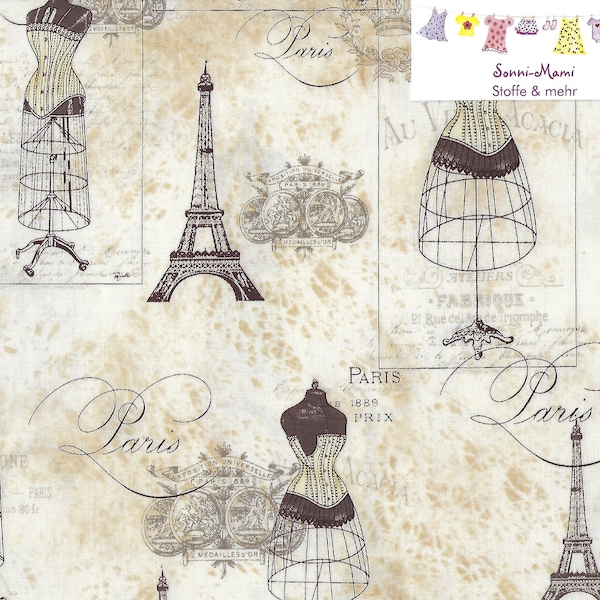 14,55 EUR/qm Baumwollstoff Patchwork Paris Eiffelturm Schneiderpuppen beige braun