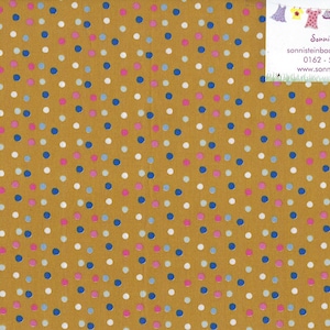 0,5 Meter Baumwollstoff Webware bunte Punkte blau beige pink Konfetti auf ocker senf gepunktet (6,53 EUR/qm)