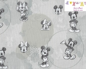 9,57 EUR/qm Baumwollstoff Mickey Mouse und Minnie beige grau schraffiert