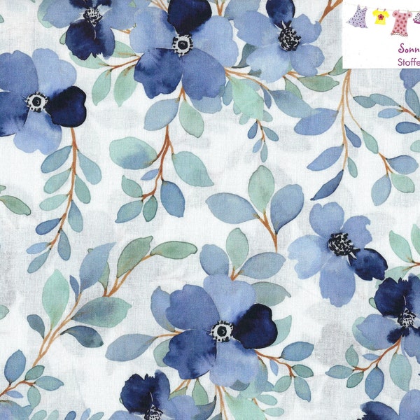 8,14 EUR/qm Baumwollstoff Digitaldruck floral große Blüten blau mit mintfarbenen Blättern auf weiß