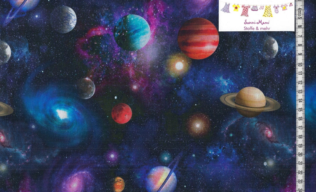 7,60 Eur/qm Baumwollstoff Meterware Bunte Planeten Weltall Sterne Schwarz  Orange