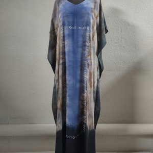 Blue,black and beige silk caftan.Hand painted kaftan dress.Hand dyed gown.Plus size long tunic.Loose silk caftan.Wedding kaftan.Art to wear.