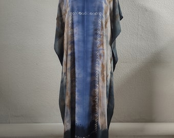 Blue,black and beige silk caftan.Hand painted kaftan dress.Hand dyed gown.Plus size long tunic.Loose silk caftan.Wedding kaftan.Art to wear.