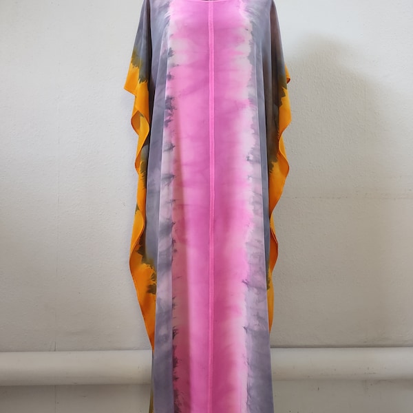 Hand-dyed natural silk dress.Pink,gray and orange silk kaftan.Hand-made kaftan.Hand-painted silk caftan.Plus-size dress.Summer silk kaftan.