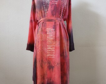 Coral silk kimono.Hand-painted silk kimono.Hand-dyed kimono.Natural silk robe.Open silk dress.Unique kimono.Party silk dress.Art to wear.