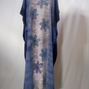 Gray, blue and navy blue silk kaftan. Silk dress with blue flowers. Hand painted silk gown. Long silk poncho-dress. Plus size silk dress