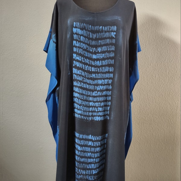 Black and blue silk tunic.Hand-painted silk tunic.Long silk blouse.Hand-made silk dress.Hand-dyed dress.One size tunic.Formal dress.Art silk