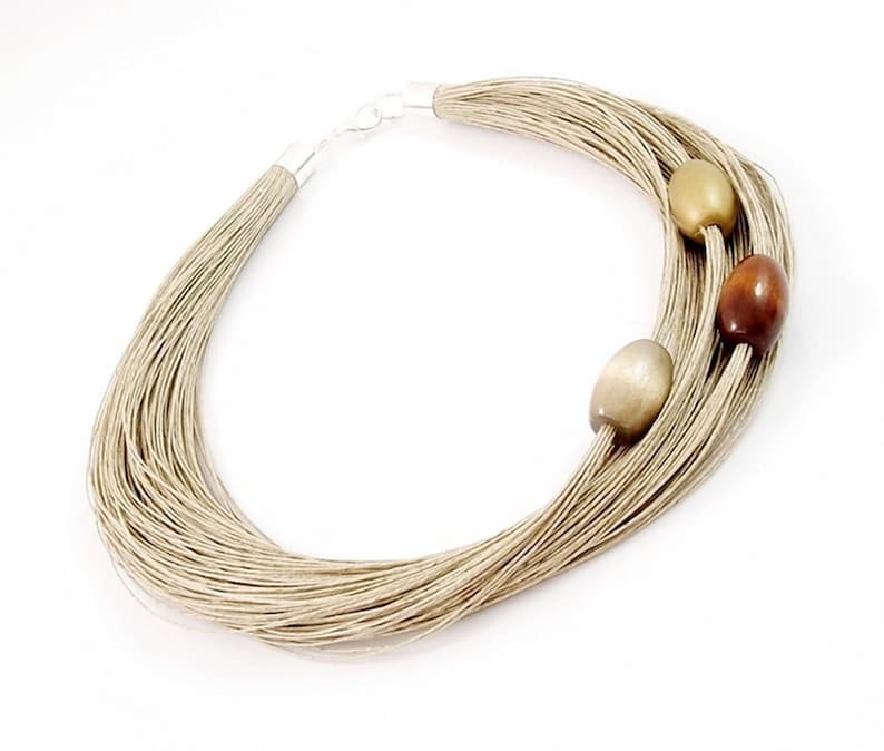 trendy necklace summer jewelry boho eco jewelry norart Linen necklace with wooden beads natural necklace women/'s jewelry linen jewelry