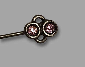 Vintage Lapel Pin 1970s - Petite Bronze Pin with 2 Rhinestones