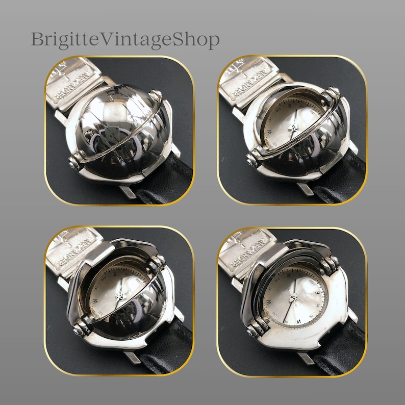 #BrigitteVintagShop HI-TEK Kompass Armbanduhr Kuppeldeckel klappbar Alexander Design London Post Modern Unisex