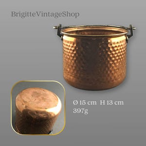 Pote de cobre ø14/15 cm, cachepô, acabamento martelado, feito à mão, alça de ferro, pote para ervas/frutas, utensílio de cozinha, vintage, item de colecionador, mais sobre o item…