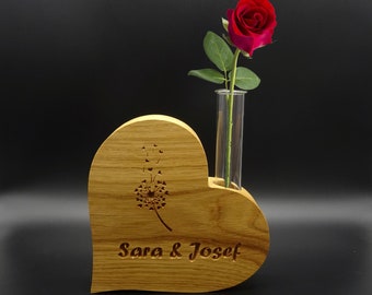 Vase en bois en chêne massif, huilé avec de l’huile de lin de haute qualité, y compris le tube à essai pour fleurs et gravures