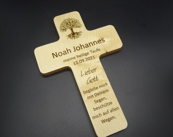 Baptismal cross with engraving, solid wood, oiled