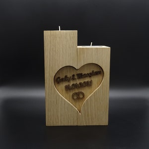 Wedding candle oak massively connected by a heart with name