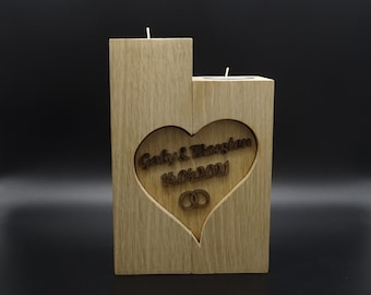 Wedding candle oak massively connected by a heart with name
