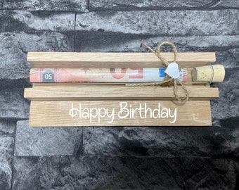 Geldgeschenk • Geburtstag • Reagenzglas • Geschenkverpackung aus Holz • Eiche • Räuchereiche • Klötzchen