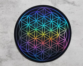 Holographic flower of life sticker, waterproof sticker on hologram vinyl film, flower sticker, flower sticker hologram, flower of life