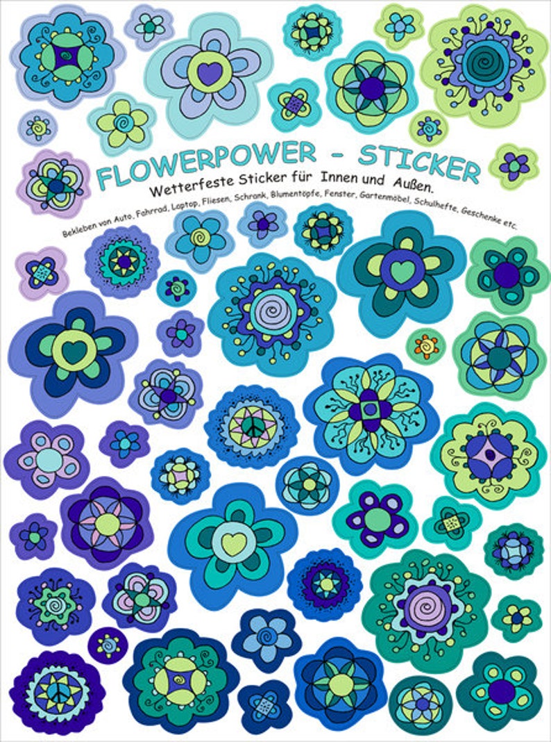 Aufkleber wasserfest Blumen, Sticker, Aufkleber, Blüten, blaue Blumen, wasserfeste Sticker, spülmaschinenfest, Brotdose, Fliesen, Türen Bild 1