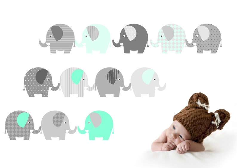 Elefanten Wandtattoo, Aufkleber Wand Babyzimmer, Elefant, Elefanten, Wandaufkleber, Wandtattoo, Wall decal, Kinderzimmer, Mint, Kinder Bild 1