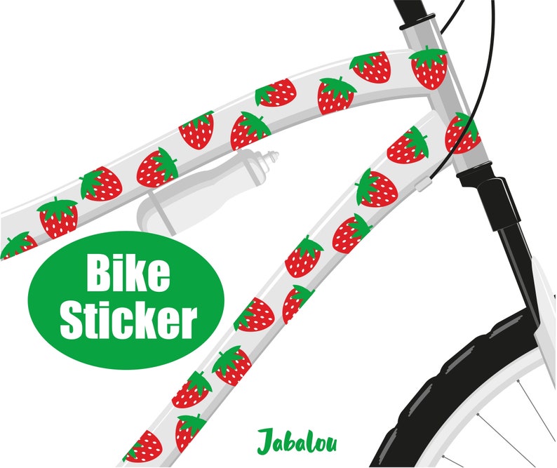 May include: White bicycle frame with a sticker design of red strawberries on a white background. The sticker reads "Bike Sticker" in green text. The text "Jabalou" is written in green at the bottom of the image.