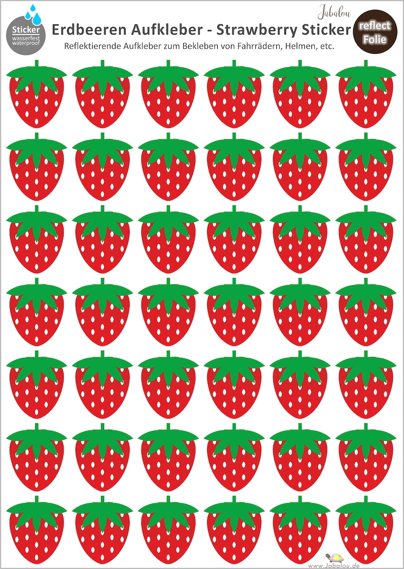 May include: Thirty-six red and green strawberry stickers with white seeds. The stickers are reflective and waterproof. The text "Jabalou" and "reflect folie" are at the top of the image.