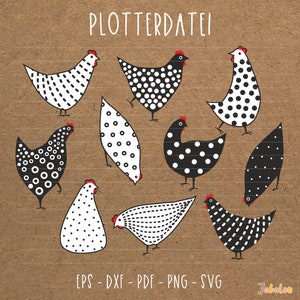 Puede incluir: Un conjunto de nueve ilustraciones de pollos con lunares negros y blancos. Los pollos están en varias poses, incluyendo de pie, caminando y picoteando. Las ilustraciones son perfectas para proyectos de manualidades, scrapbooking o diseño digital.
