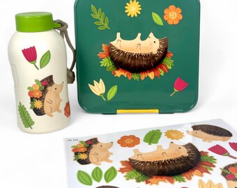 Dishwasher-safe hedgehog stickers – autumn stickers for lunch boxes & water bottles, A5 sticker sheet, waterproof