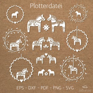 May include: A set of 10 white SVG cut files featuring a Scandinavian Dala horse design. The files include a variety of designs, including a horse with a wreath, a horse with a heart, and a horse with a flower. The files are perfect for creating personalized crafts, home decor, and more.