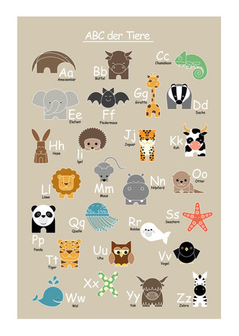 Poster ABC A2, ABC der Tiere Poster, Plakat ABC, Tieralphabet, Kinderbild Alphabet, Druck Kinderzimmer, Alphabet der Tiere Bild 1