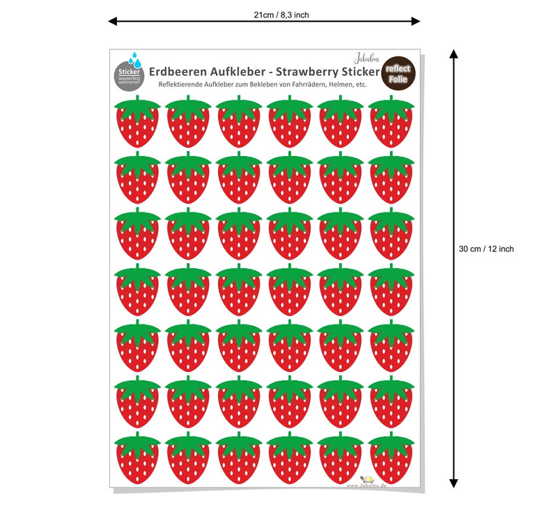 May include: A sheet of 48 red and green reflective strawberry stickers, measuring 12 inches by 8.3 inches. The stickers are designed for use on bicycles, helmets, and other items.